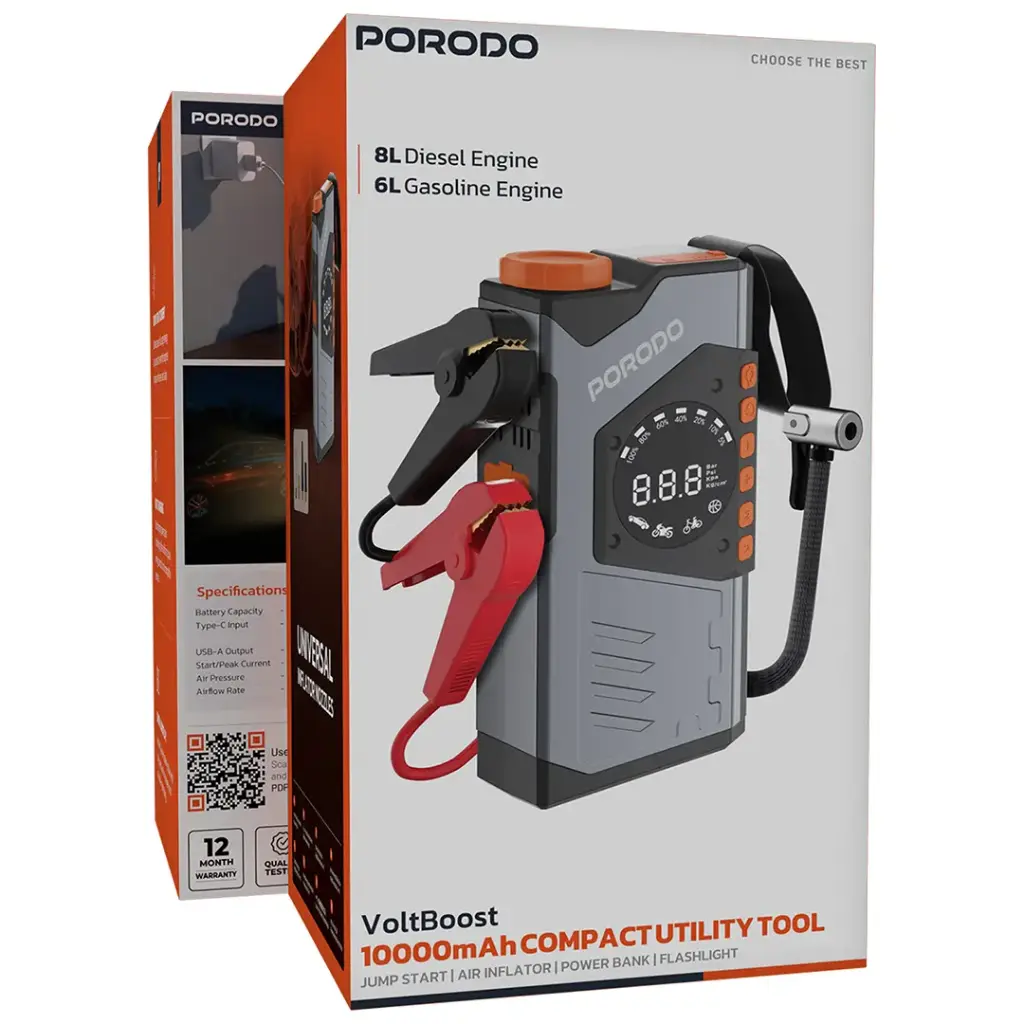 پاوربانک و ابزار چندکاره پرودو ۱۰,۰۰۰ میلی‌آمپر مدل Porodo VoltBoost 10000mAh Compact Utility Tool – Gray — تصویر ۵