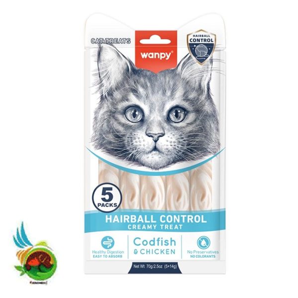 بستنی درمانی گربه ونپی مخصوص دفع گلوله ی مویی با طعم ماهی کاد و مرغ Wanpy hairball control creamy treat codfish &amp; chicken بسته 5 عددی