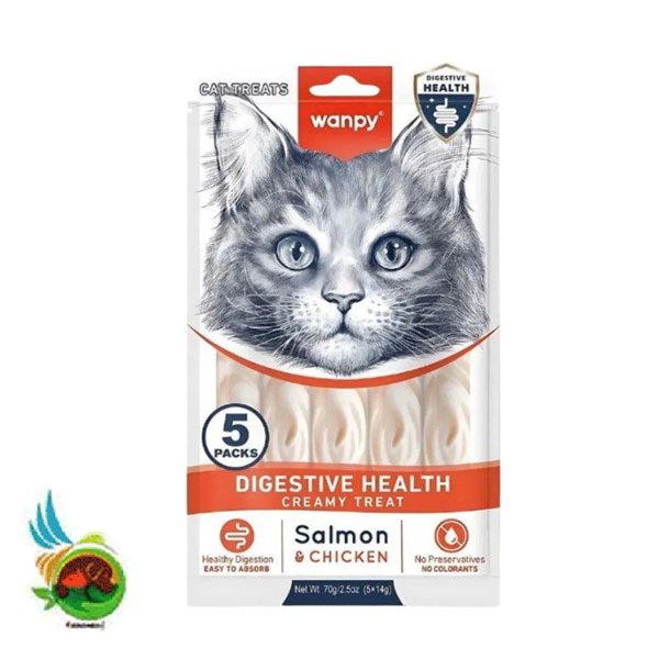 بستنی درمانی گربه ونپی مخصوص مشکلات گوارشی با طعم سالمون و مرغ Wanpy digestive health creamy treat salmon &amp; chicken بسته 5 عددی