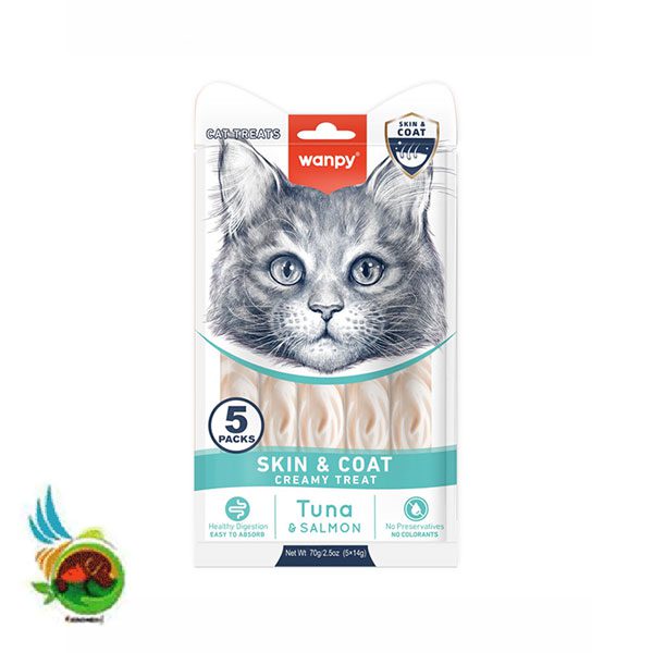 بستنی درمانی گربه ونپی حفظ سلامت پوست و مو با طعم تن و سالمون Wanpy skin &amp; coat creamy treat tuna &amp; salmon بسته 5 عددی