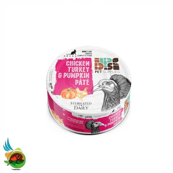 کنسرو پته گربه بالغ عقیم دی پی اس طعم مرغ، بوقلمون و کدو حلوایی Dps adult cat sterilised chicken and turkey & pumpkin وزن ۲۰۰ گرم