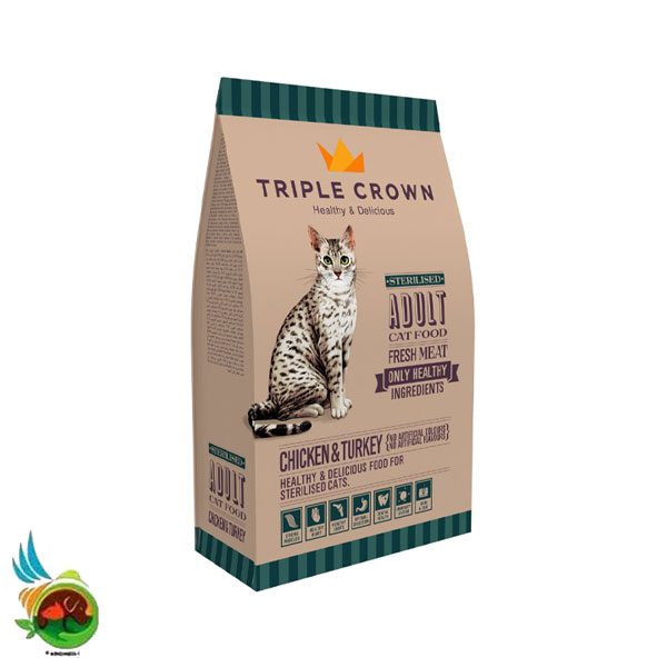 غذای خشک ارگانیک گربه بالغ عقیم تریپل کراون طعم مرغ و بوقلمون Triple crown sterilised adult cat food chicken &amp; turkey وزن 2 کیلوگرم