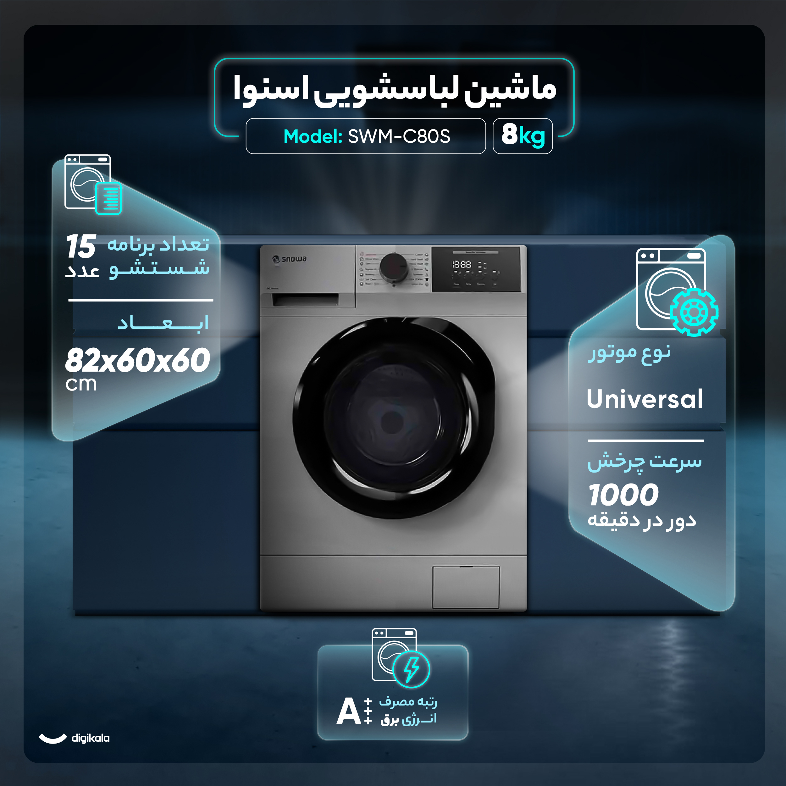 ماشین لباسشویی اتوماتیک اسنوا مدل SWM-C80S ظرفیت 8 کیلوگرم — تصویر ۶