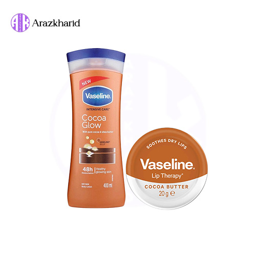پک کاکائو وازلین Vaseline Cocoa Glow (لوسیون بدن 400 میل + بالم لب 20 گرم) — تصویر ۲