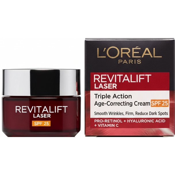 کرم روز ضد چروک سهکاره لورآل رویتالیفت لیزر سفت کننده پوست صورت و گردن 50 میل L’Oreal Revitalift Laser Triple Action Cream SPF 25