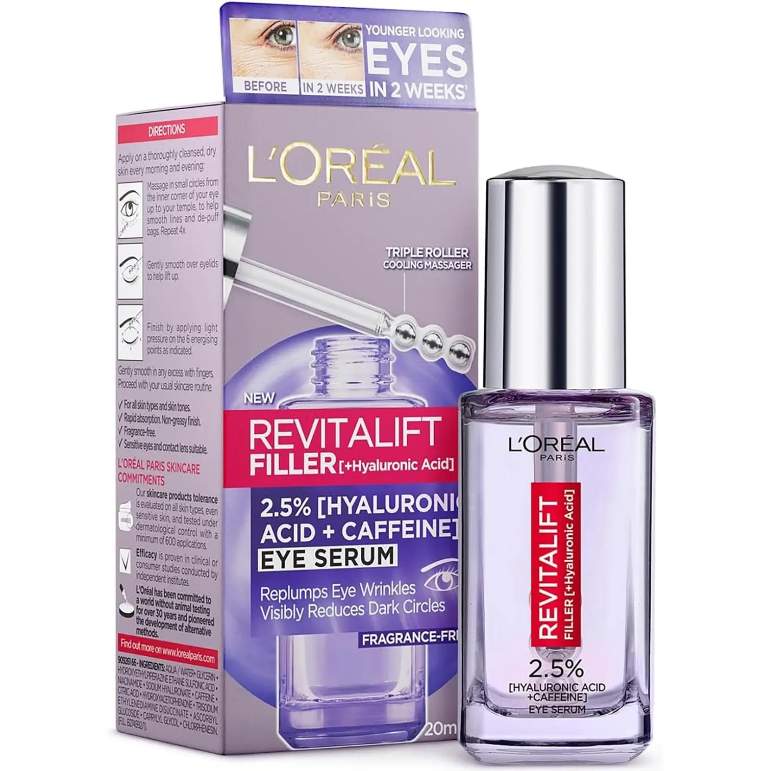 سرم دور چشم ضد تیرگی و چروک لورآل رویتالیفت فیلر با هیالورونیک اسید و کافئین 20 میل L’Oreal Paris Revitalift Filler 2.5% Eye Serum