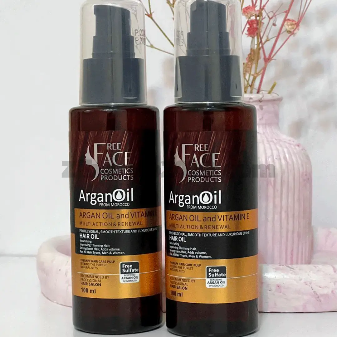 روغن آرگان Keratin Hair برند فری فیس حاوی ویتامین E مناسب انواع مو حجم 100 میل — تصویر ۳