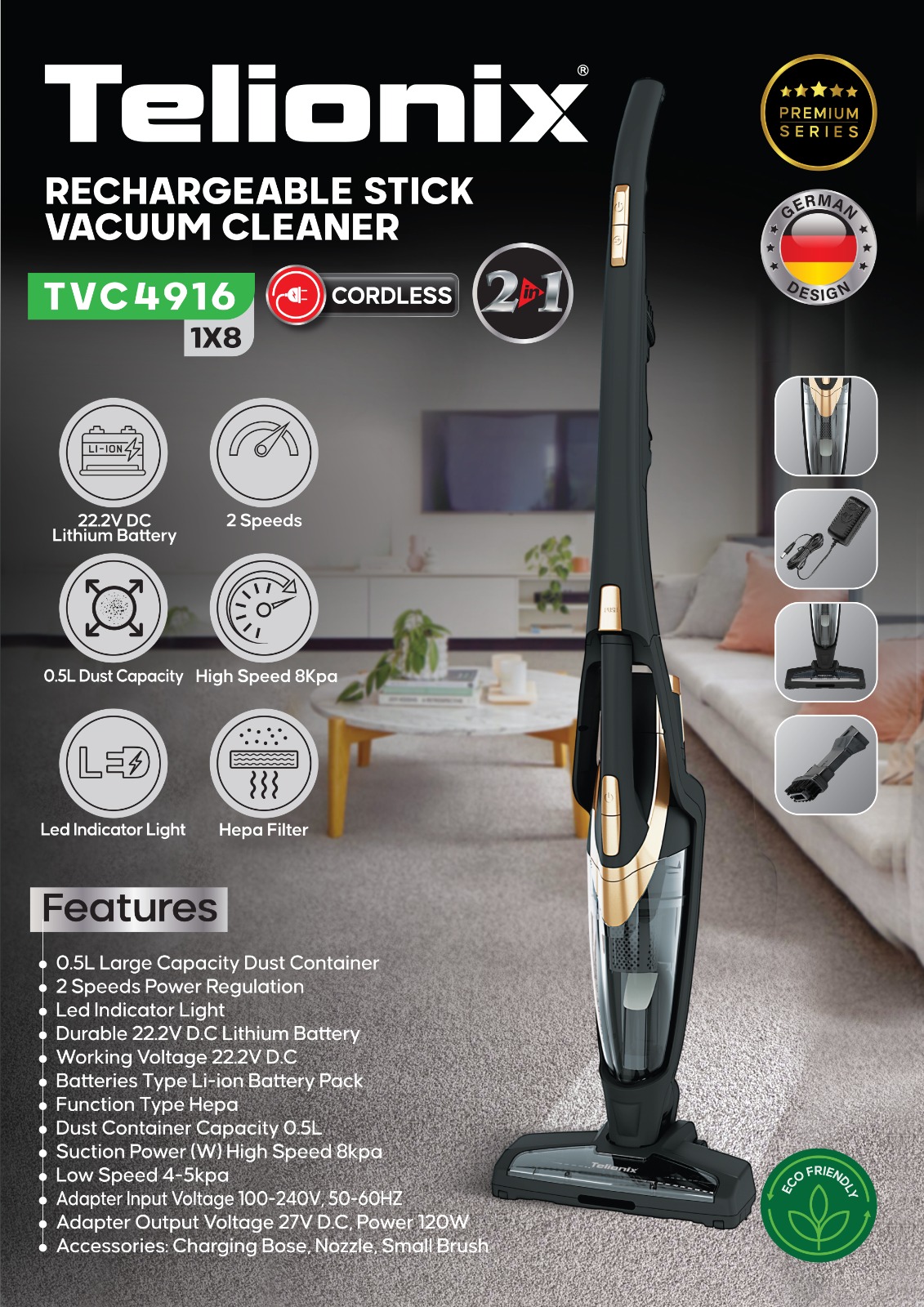 جاروشارژی ایستاده و دستی تلیونیکس Telionix مدل TVC 4916
