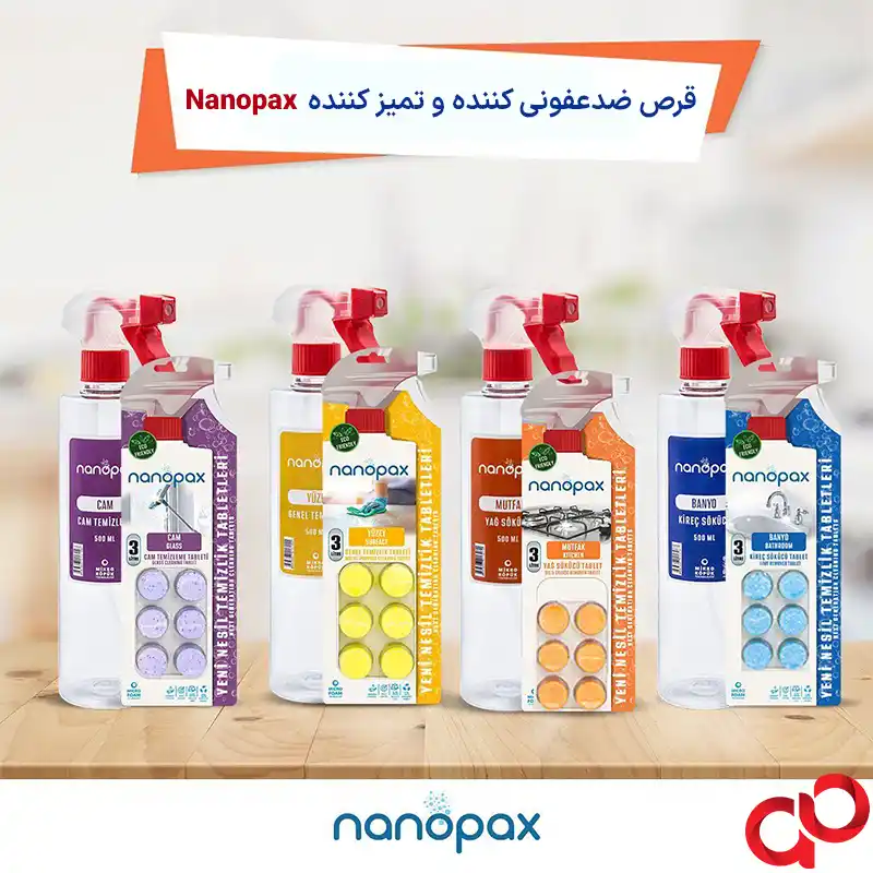 قرص ضدعفونی کننده و تمیز کننده سطوح Nanopax بسته 6 عددی همراه اسپری — تصویر ۲