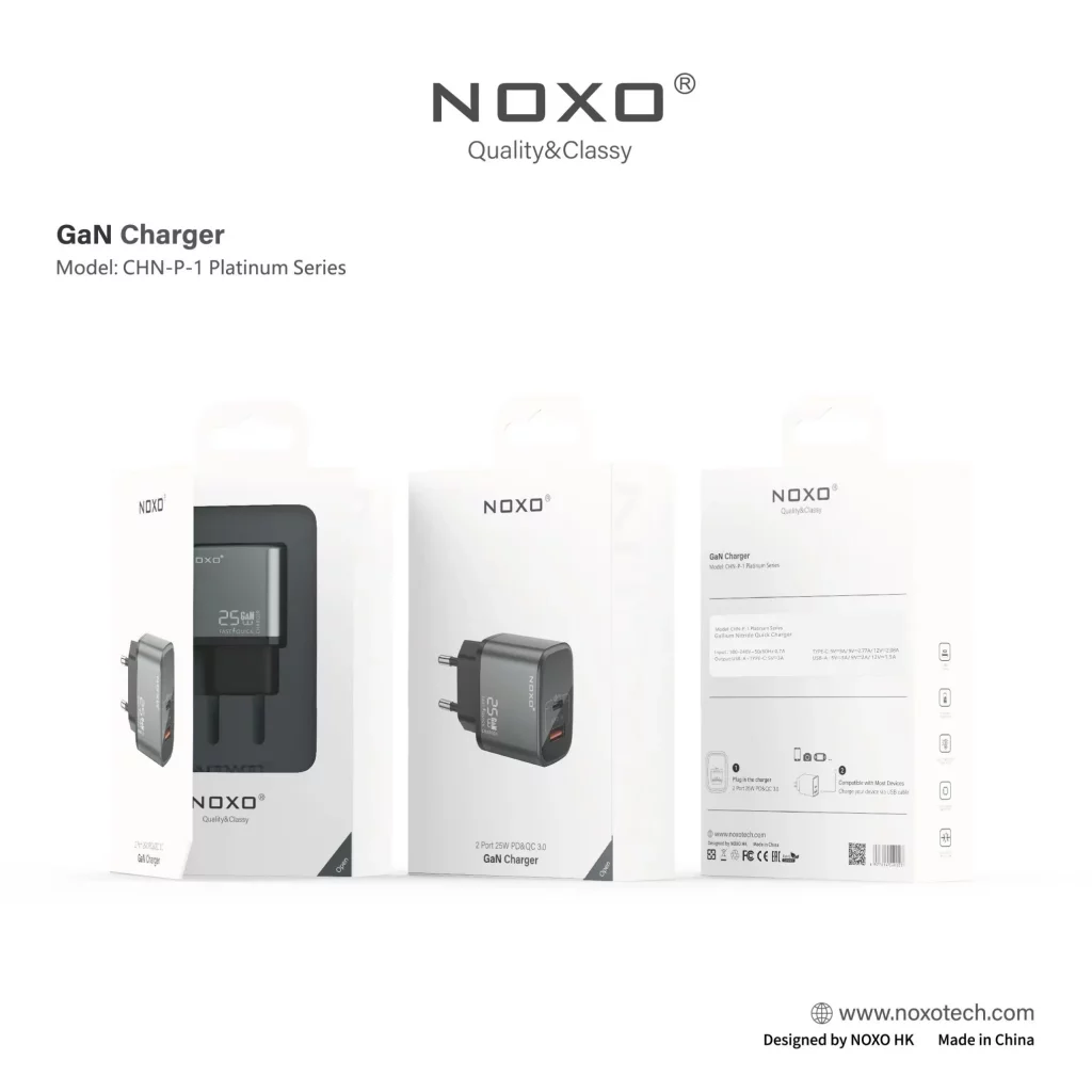 شارژر دیواری ۲۵ وات نوکسو مدل CHN-P-1 با ۲ پورت USB-C و USB-A، پشتیبانی از PD و QC3.0، فناوری GaN — تصویر ۴