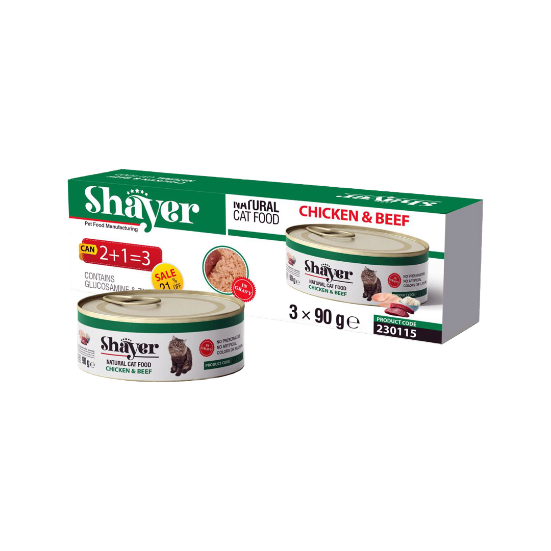 پک کنسرو نچرال گربه، گوشت مرغ و گاو، 90 گرمی، 3 عددی، شایر