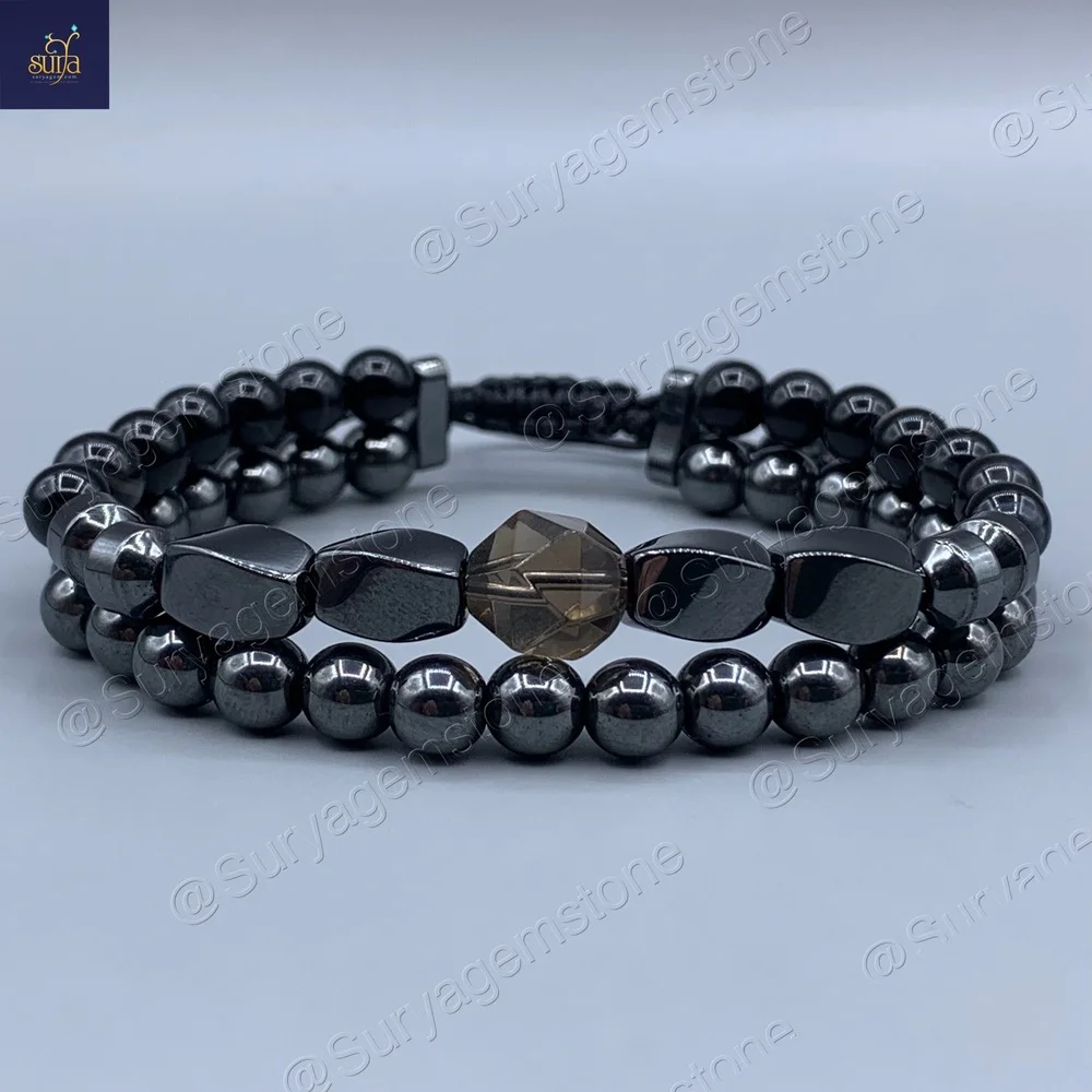 دستبند مردانه سنگی ، سنگ کوارتز دودی اصل و معدنی ، عقیق سیاه و حدید Iron Hand 5 — تصویر ۲