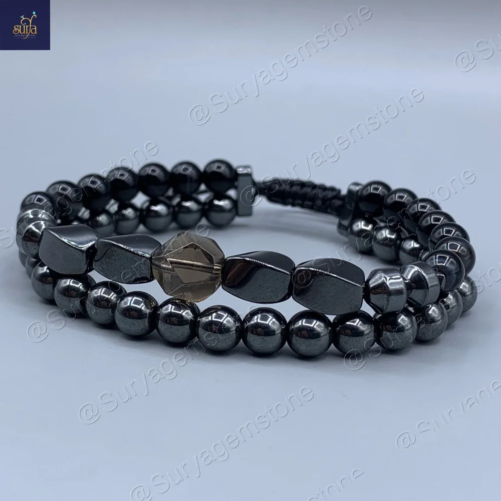 دستبند مردانه سنگی ، سنگ کوارتز دودی اصل و معدنی ، عقیق سیاه و حدید Iron Hand 5 — تصویر ۴