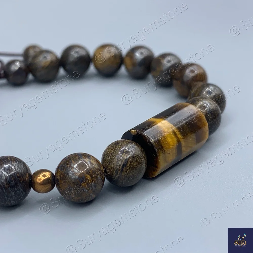 دستبند مردانه سنگ چشم ببر اصل و معدنی و برنزیت Shani Cartridge — تصویر ۳