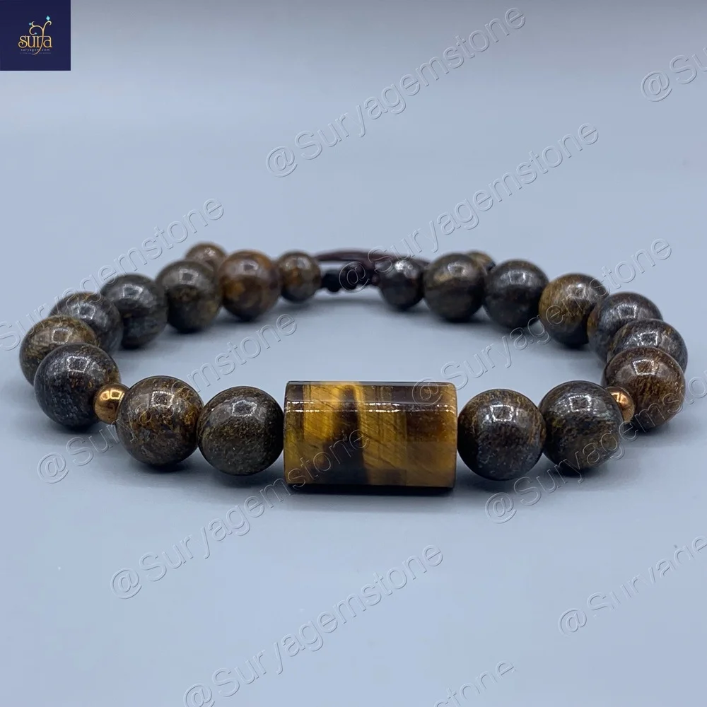 دستبند مردانه سنگ چشم ببر اصل و معدنی و برنزیت Shani Cartridge — تصویر ۲