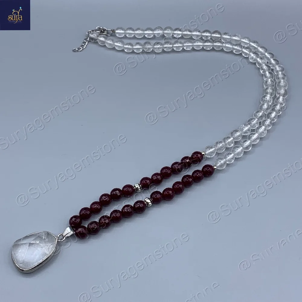 گردنبند سنگی اصل ، سنگ معدنی کوارتز و عقیق سرخ ، زنانه Chandra Red Ice+