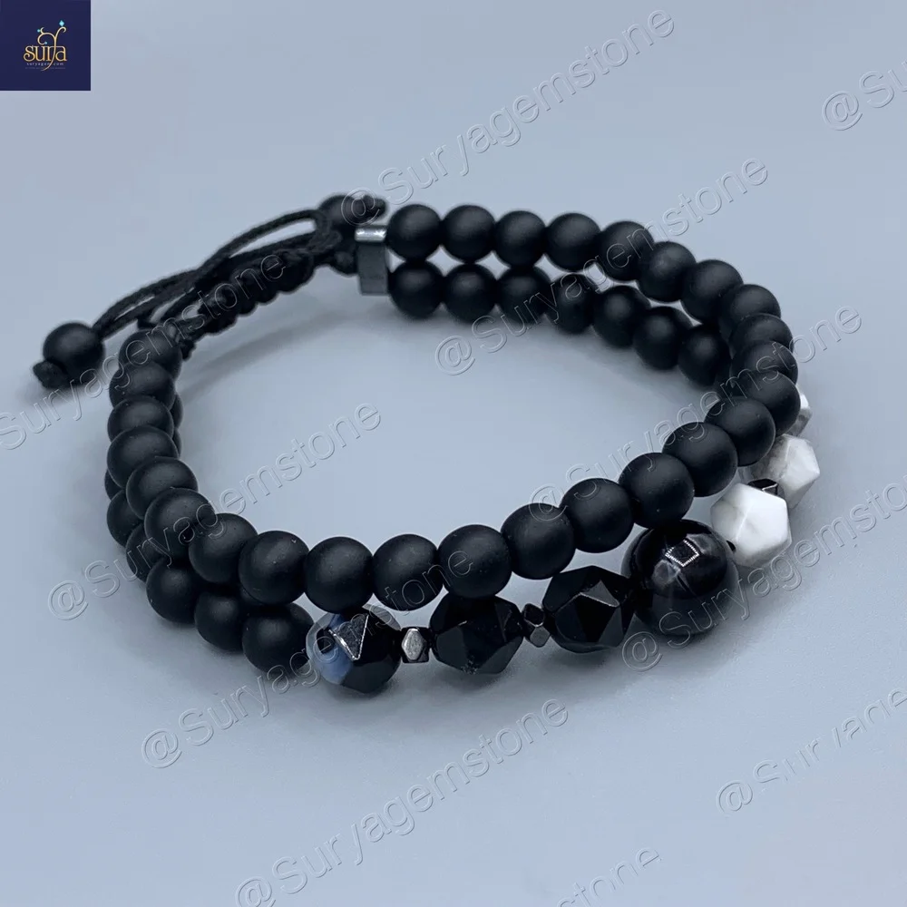 دستبند مردانه سنگی دو ردیفه ، سنگ اونیکس ، عقیق و هولیت اصل و معدنی Ketu Chest — تصویر ۴