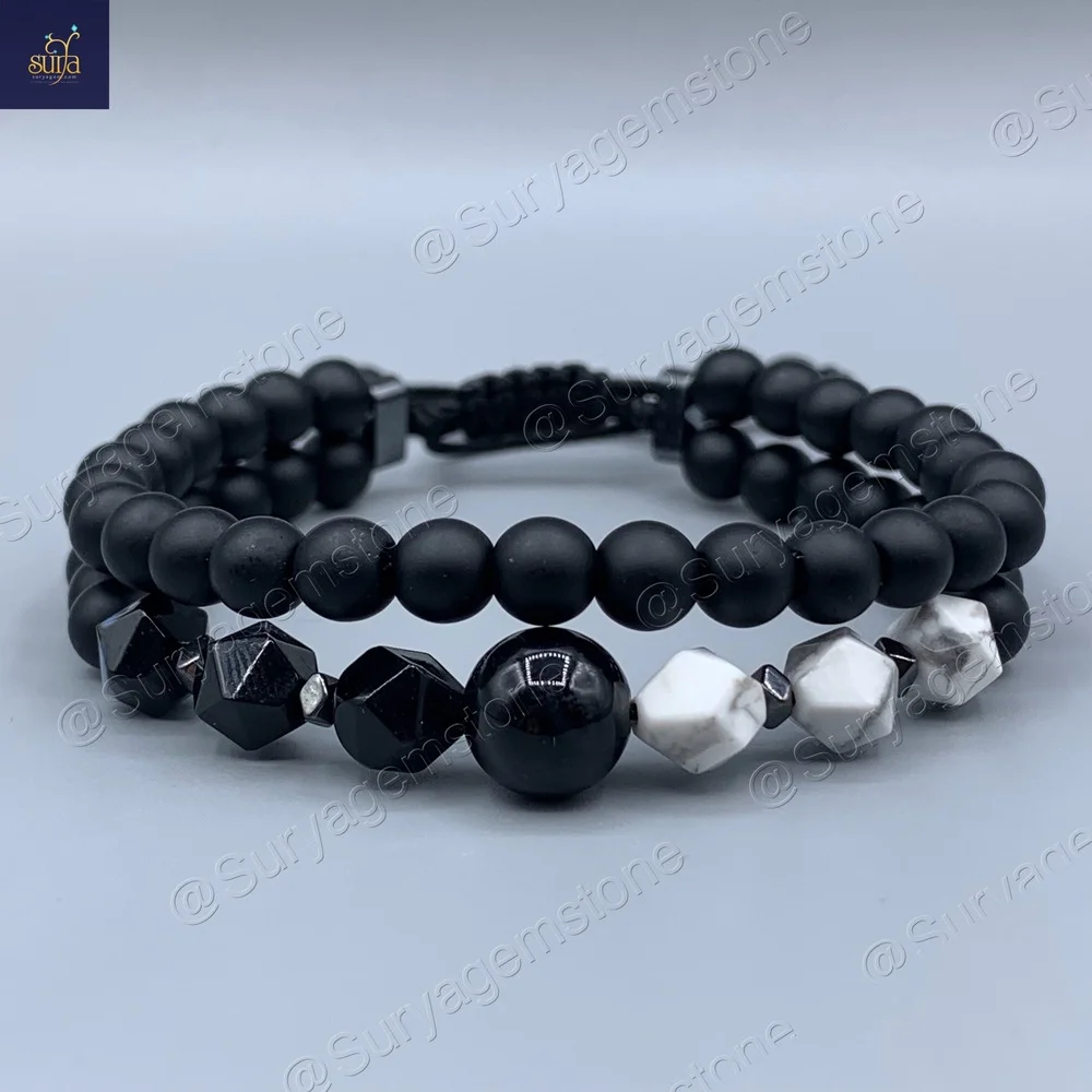 دستبند مردانه سنگی دو ردیفه ، سنگ اونیکس ، عقیق و هولیت اصل و معدنی Ketu Chest