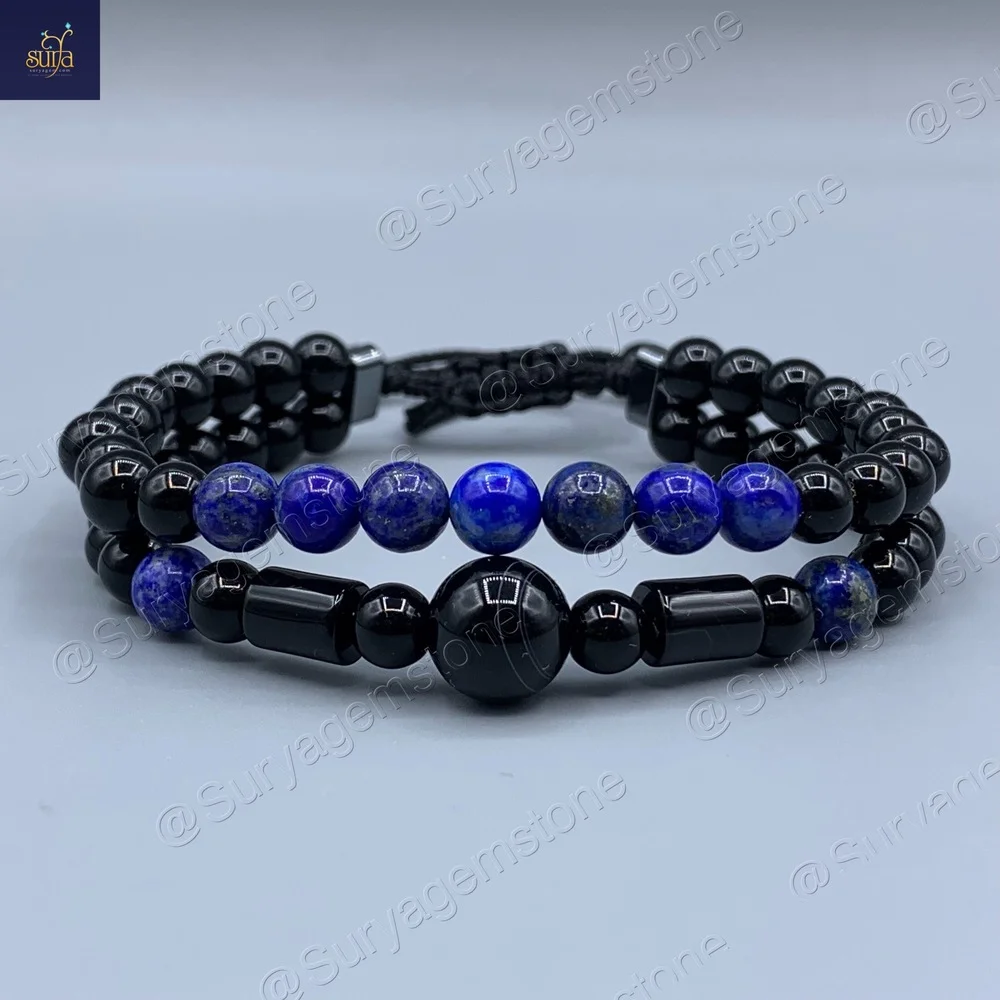 دستبند مردانه سنگ لاجورد اصل ، عقیق و اونیکس دو ردیفه Ketu Stylish — تصویر ۲