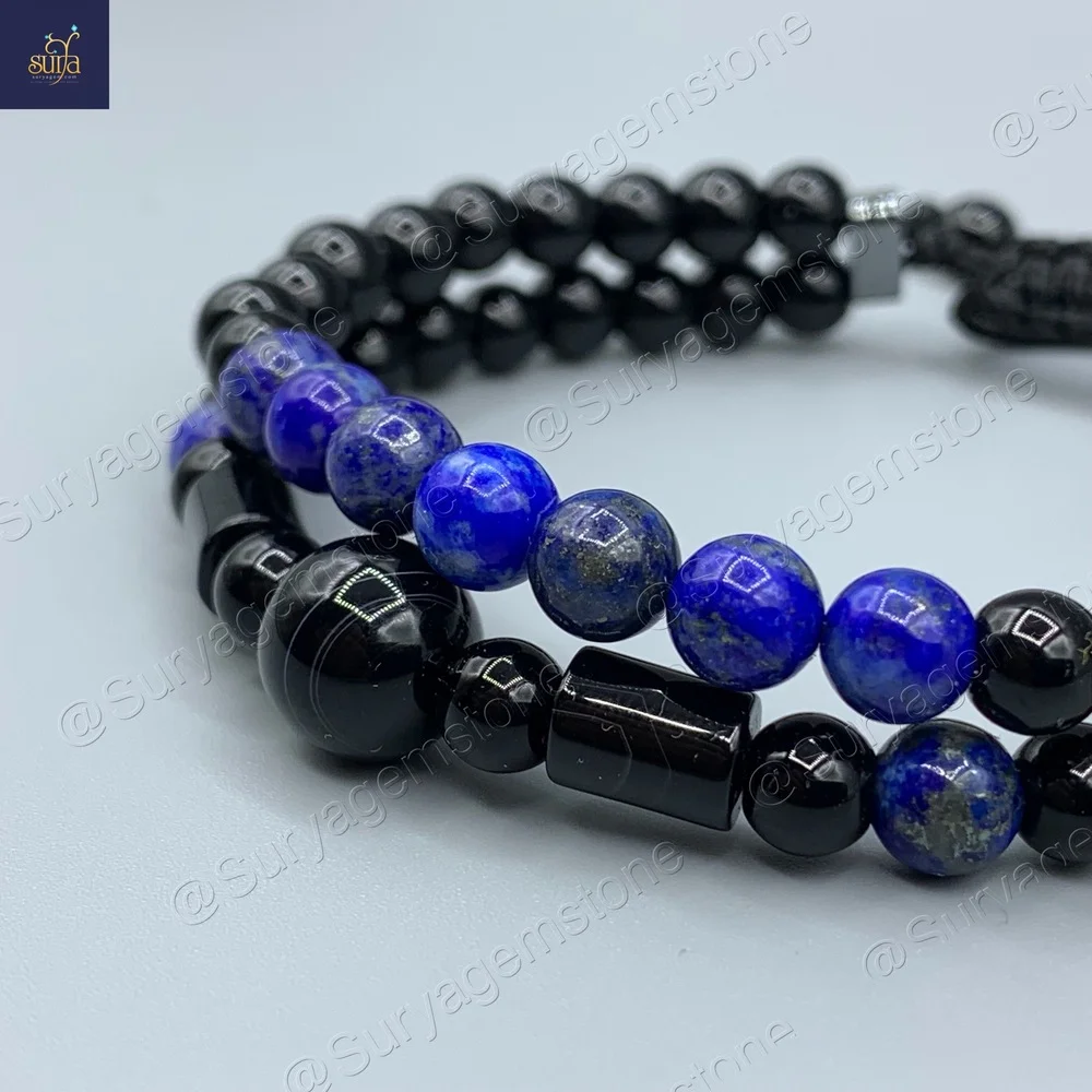 دستبند مردانه سنگ لاجورد اصل ، عقیق و اونیکس دو ردیفه Ketu Stylish — تصویر ۳