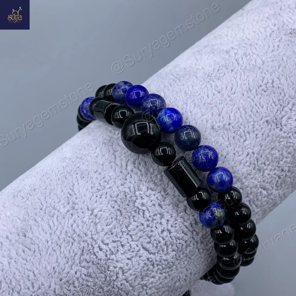 دستبند مردانه سنگ لاجورد اصل ، عقیق و اونیکس دو ردیفه Ketu Stylish — تصویر ۴