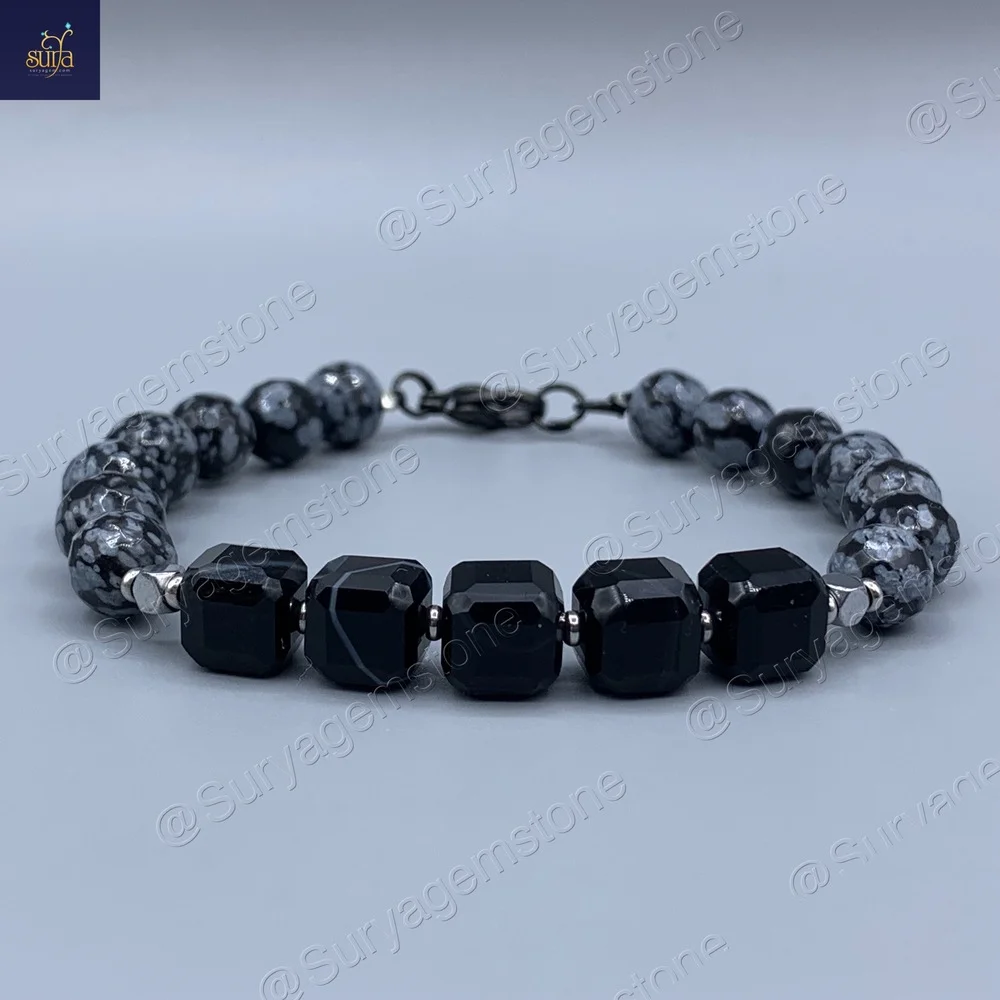 دستبند سنگی آبسیدین لکه برفی اصل و سنگ عقیق معدنی ، مردانه Ketu Pinto — تصویر ۲