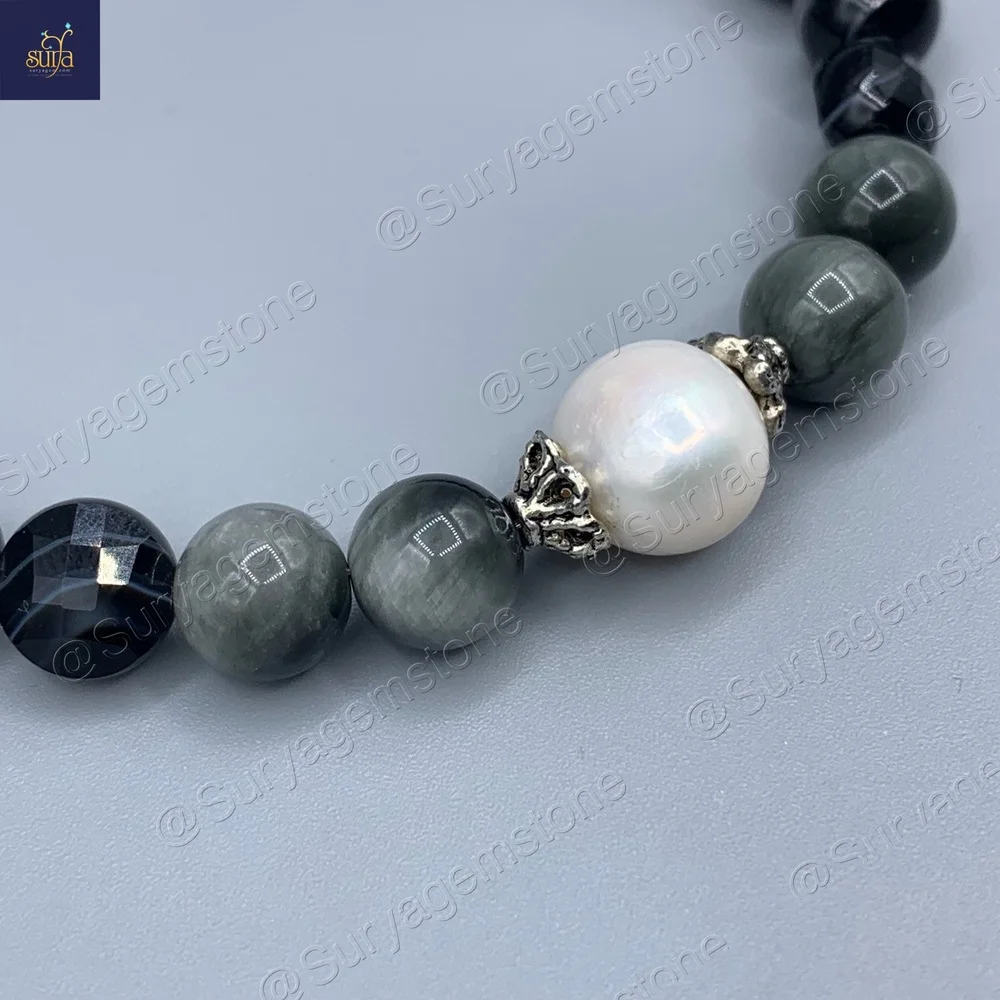 دستبند سنگی عقیق سلیمانی اصل ، مروارید طبیعی و سنگ چشم عقاب ، مردانه زنانه Ketu Eye — تصویر ۳