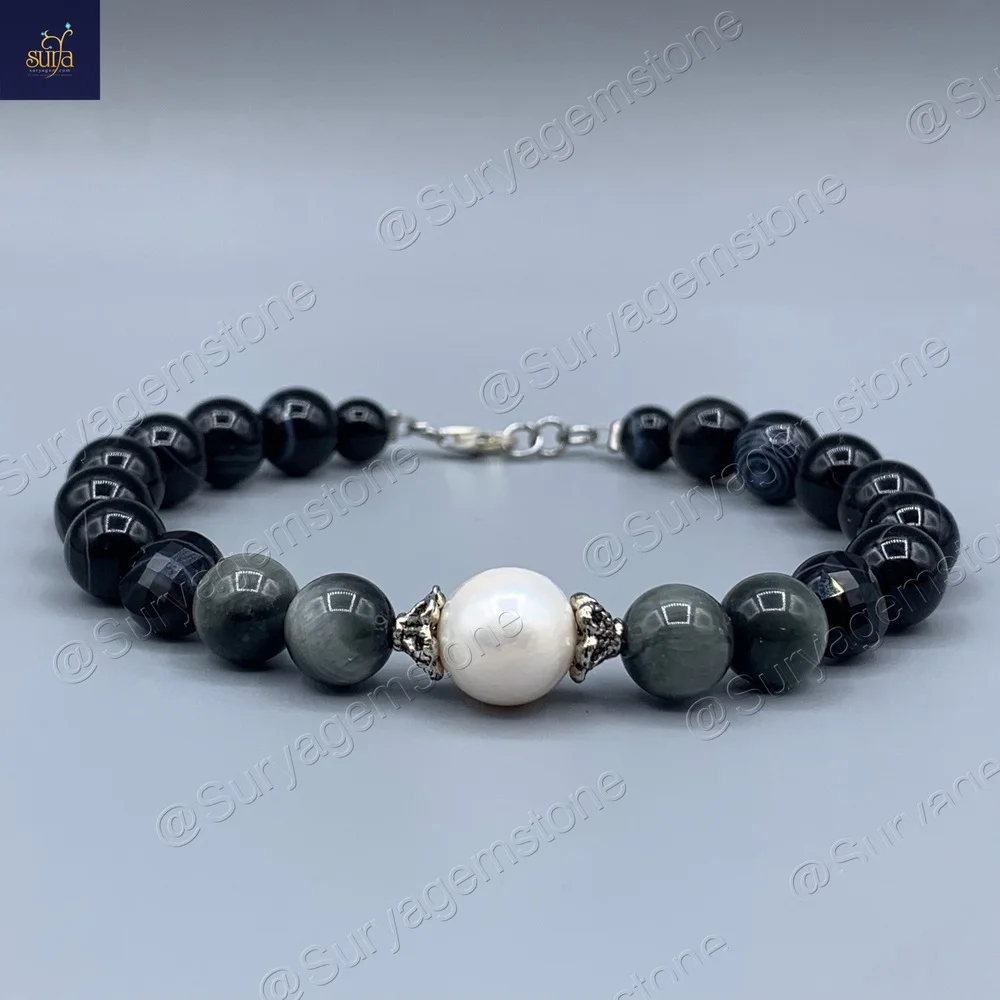 دستبند سنگی عقیق سلیمانی اصل ، مروارید طبیعی و سنگ چشم عقاب ، مردانه زنانه Ketu Eye — تصویر ۲
