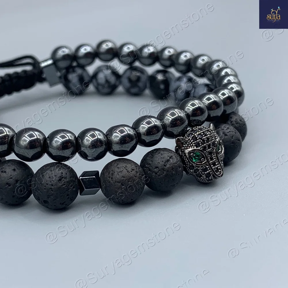 دستبند سنگی مردانه ، سنگ آبسیدین اصل و معدنی ، لاوا ، حدید Ketu Hema — تصویر ۳