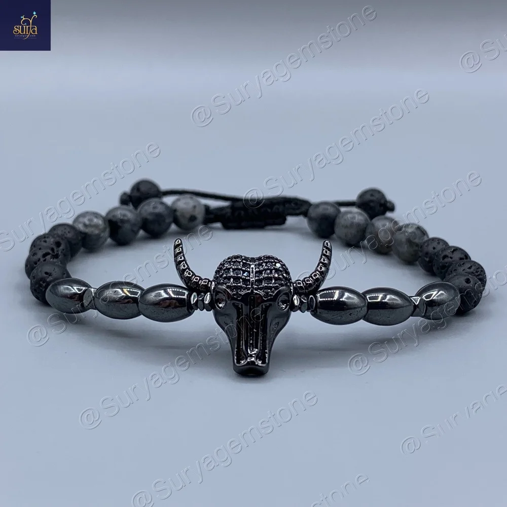 دستبند مردانه سنگی ، سنگ لارویکیت ، حدید و لاوا Ketu buffalo — تصویر ۲