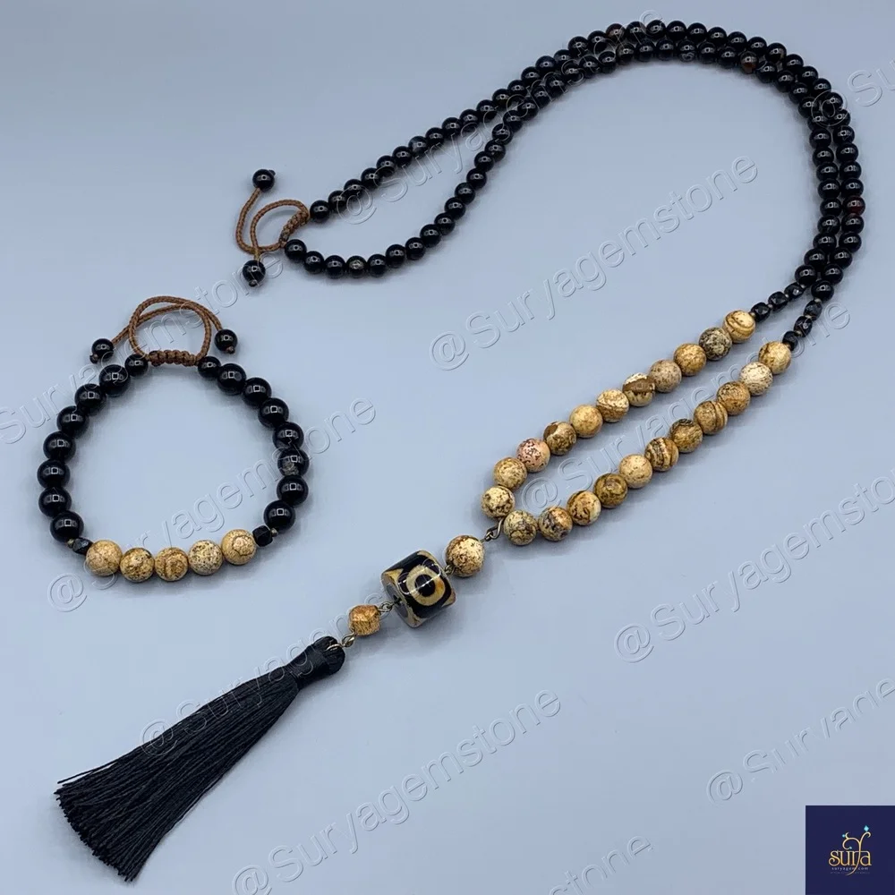 گردنبند سنگی اصل ، سنگ معدنی جاسپر و عقیق ، مردانه Shani Sandy+