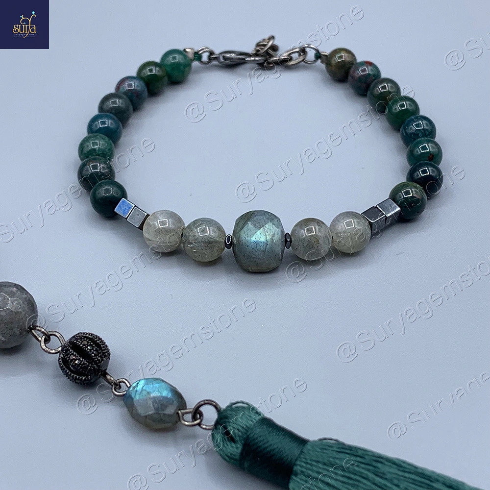 گردنبند سنگی اصل ، سنگ معدنی لابرادوریت و عقیق خزه ای ، زنانه Buda Lab + — تصویر ۳