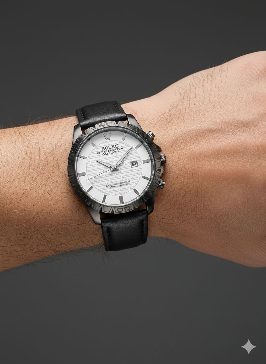 ساعت مچی مردانه بند چرمی رولکس ROLEX صفحه برجسته — تصویر ۳