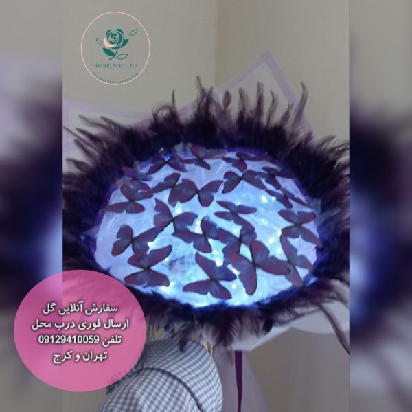 دسته گل پروانه 20 شاخه بنفش پردار — تصویر ۲