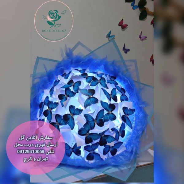 دسته گل پروانه ای 27 شاحه آبی پردارو نگیندار — تصویر ۲