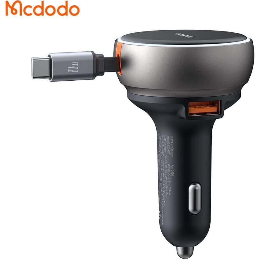 شارژر فندکی 80وات3پورت با کابل متصل تایپ سی مک دودو مدل MCDODO CC-4850 — تصویر ۲