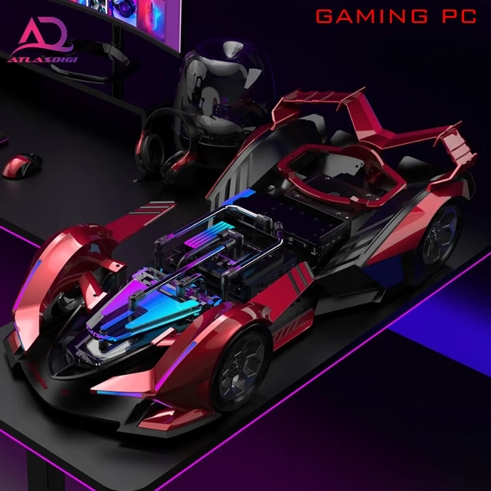 کیس گیمینگ ایسوس مدل Asus Mars × TCOMAS MOD Concept Sports Car i9-14900K RTX4090 — تصویر ۳