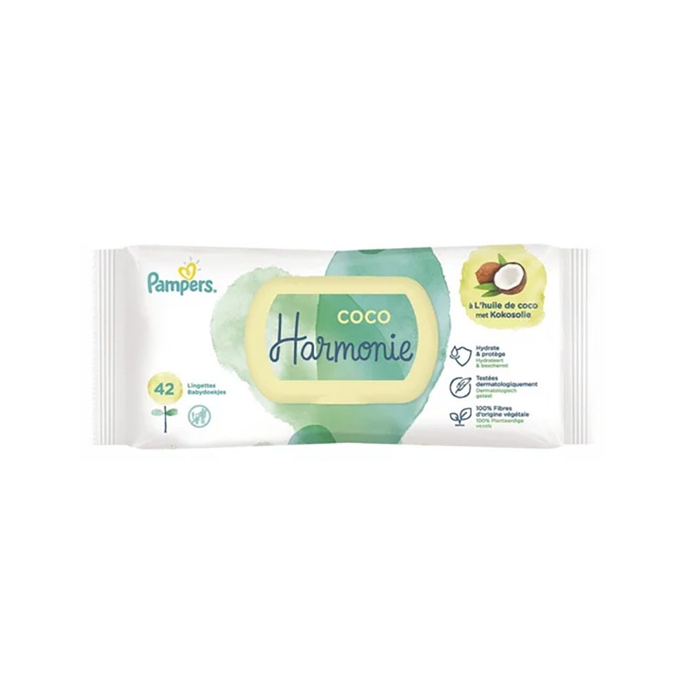 دستمال مرطوب کودک با روغن نارگیل ارگانیک پمپرز Pampers مدل Harmonie Coco بسته ۴۲ عددی