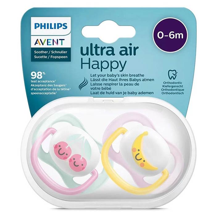 پستانک ارتودنسی 0 تا 6 ماه دوتایی فیلیپس اونت PHILIPS AVENT سری UltraSoft طرح موز و آلبالو — تصویر ۲