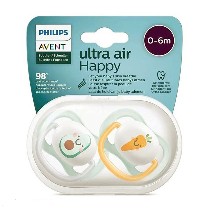 پستانک ارتودنسی 0 تا 6 ماه دوتایی فیلیپس اونت PHILIPS AVENT سری UltraSoft طرح آووکادو و هویج