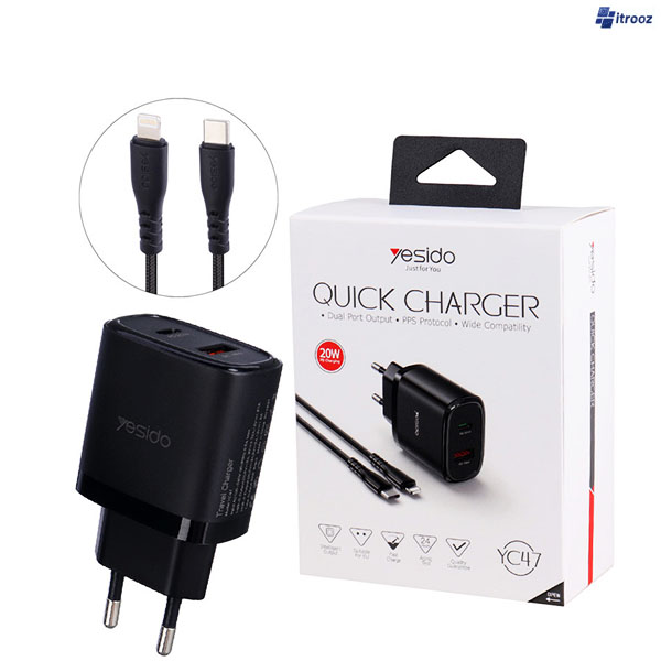 شارژر دیواری 20وات یسیدو مدل yesido yc47+کابل آیفون — تصویر ۲