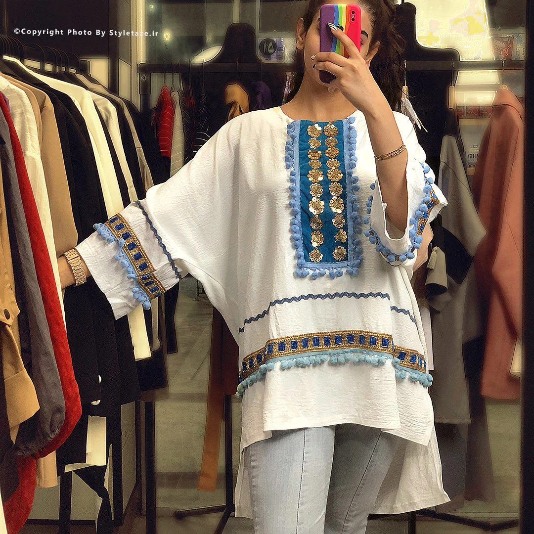 مانتو سنتی کوتاه جلوبسته مدل فیروزه فری سایز جنس ابروبادی — تصویر ۳