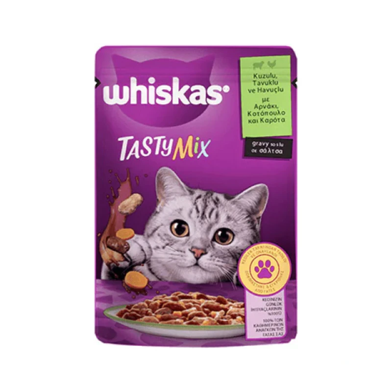 پوچ گربه بالغ ویسکاس بره و مرغ و هویج Whiskas Tasty Mix With Lamb and Chicken and Carrots وزن 85 گرم — تصویر ۳