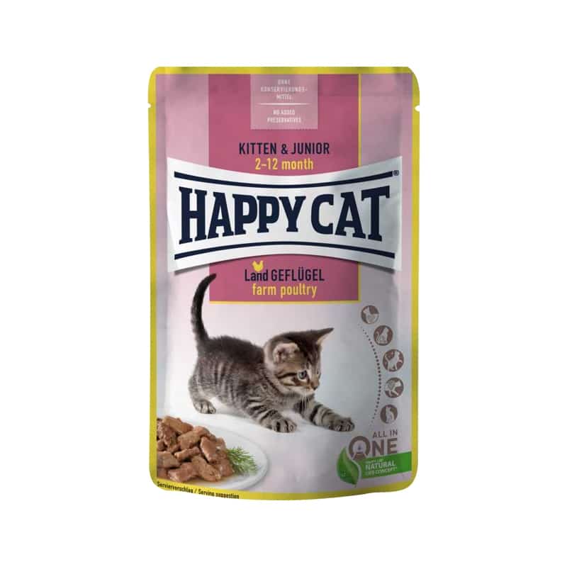 پوچ بچه گربه هپی کت Happy Cat با طعم مرغ مدل Kitten &Junior Poultry وزن 85 گرم