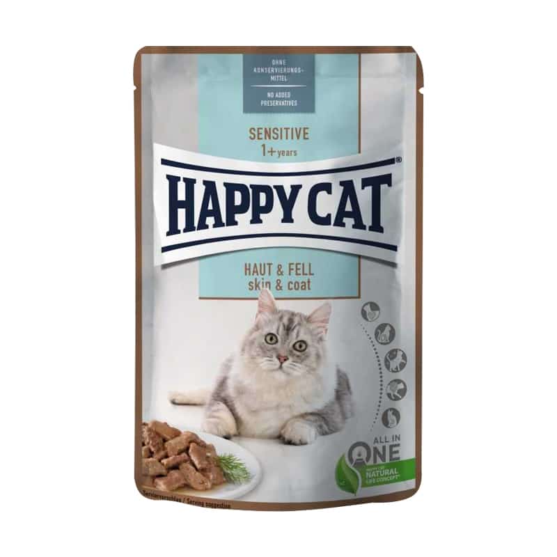 پوچ گربه هپی کت Happy Cat مدل پوست و مو Sensitive Skin & Coat وزن 85 گرم