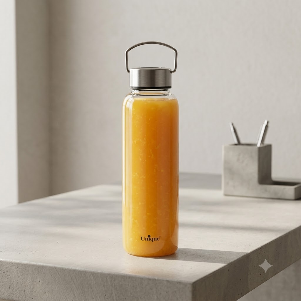 بطری آب شیشه ای دسته دار با درب استیل یونیک کد UN-3075 — تصویر ۳