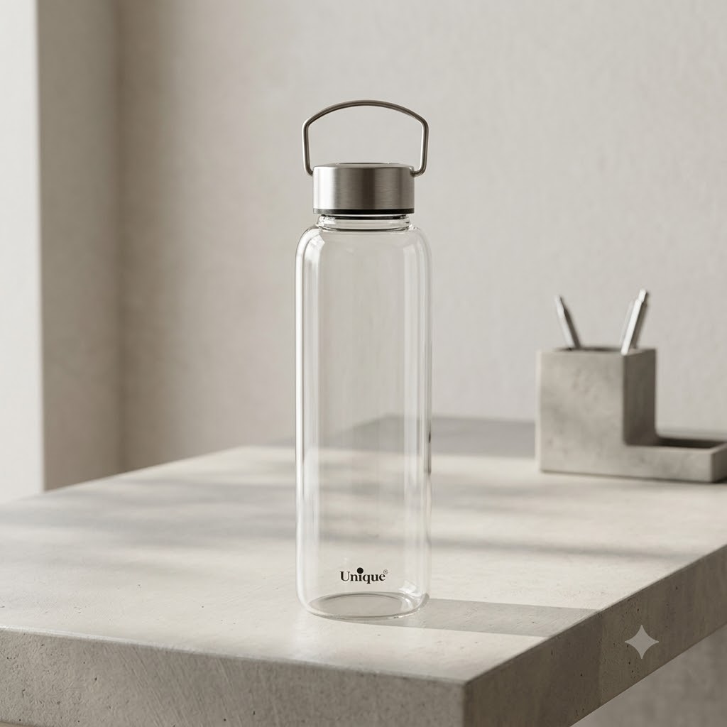 بطری آب شیشه ای دسته دار با درب استیل یونیک کد UN-3075 — تصویر ۲