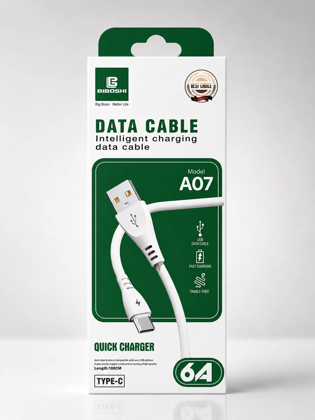 کابل شارژ USB به تایپ سی برند BIBOSHI مدل A07 شدت جریان ۶ آمپر