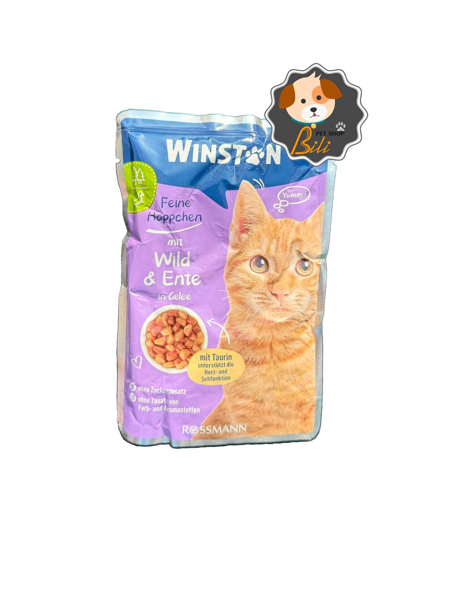 پوچ گربه وینستون با طعم گوشت شکار و اردک ۱۰۰ گرمی ـ WINSTON FEINE HAPPCHEN MIT RIND &amp; HUHN IN GELEE 100 GR