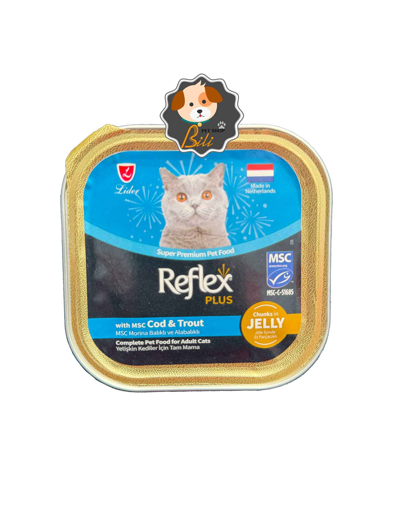 ووم گربه رفلکس پلاس با طعم ماهی قزل آلا و کاد در ژله ۸۵ گرمی ـ REFLEX PLUS CAT FOOD WITH COD & TROUT IN JELLY 85 GR
